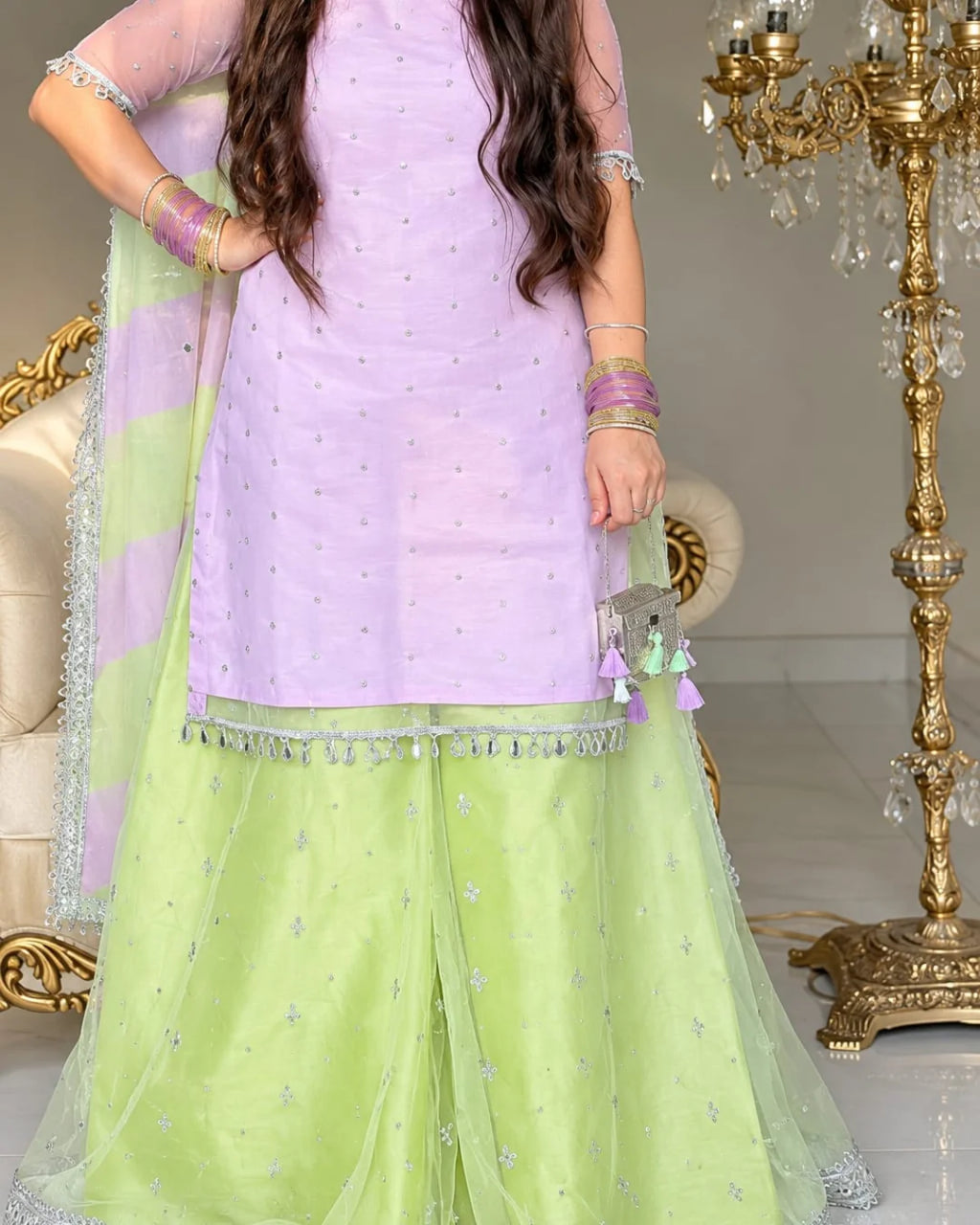 Garden of Grace pink raw silk shirt with lime green organza trouser