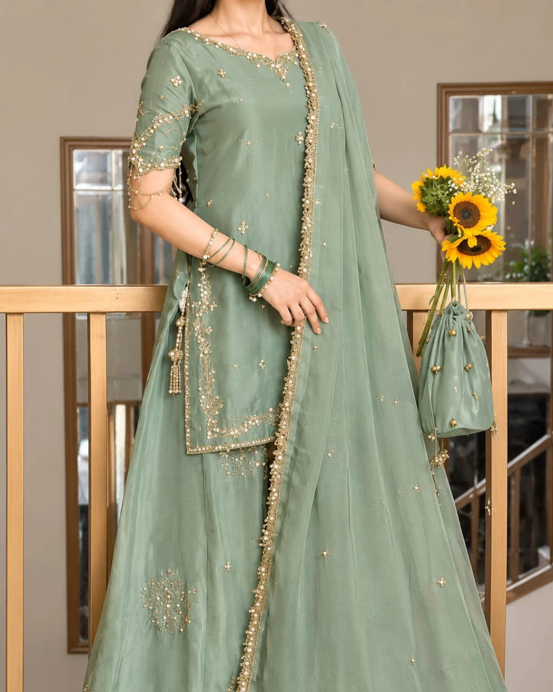 Stunning three-piece sage green suit with a golden embroidered neckline, embellished sleeves, a flowing dupatta, and an elegant flared sharara design.