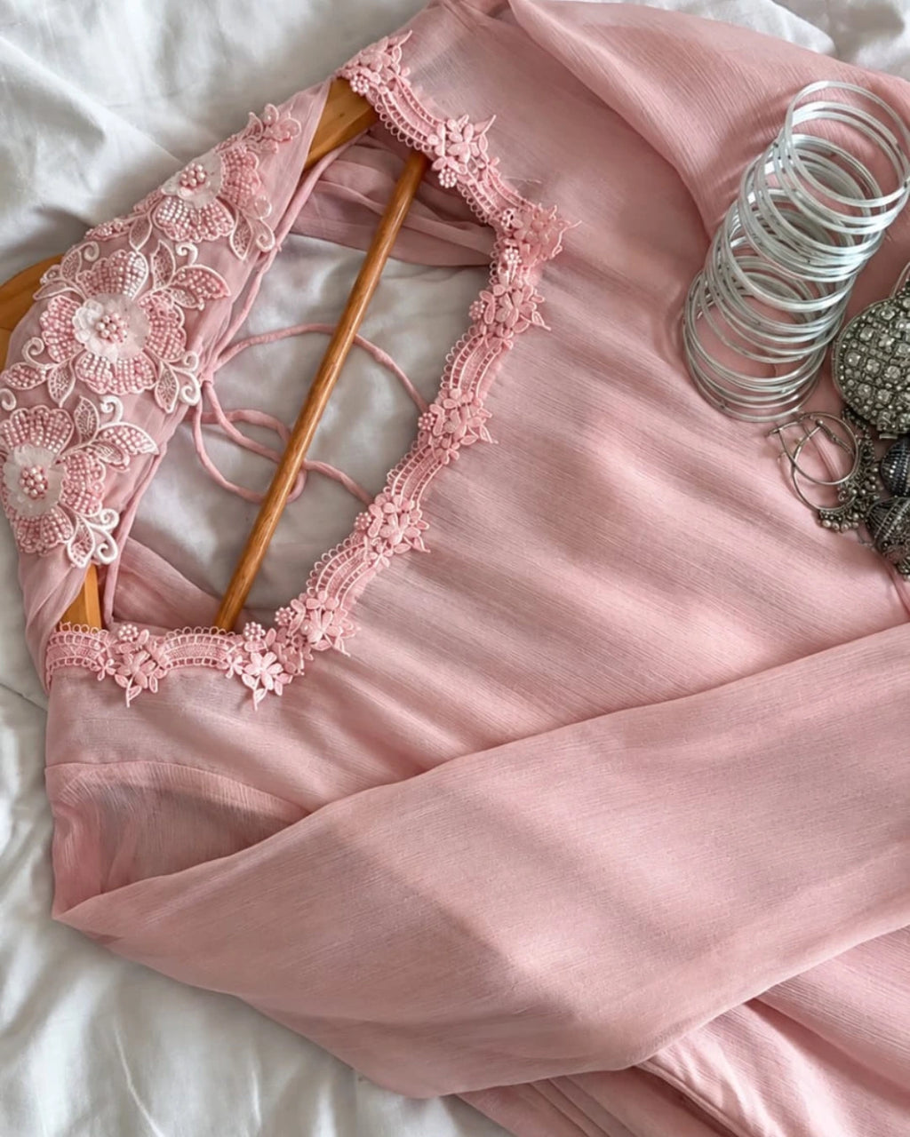 Aurelia Pink pastel pink chiffon 3-piece suit with floral lace detailing.