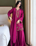 Royal plum Pakistani suit with intricate golden floral embroidery and chiffon dupatta