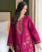 Women's plum Tussil Silk formal suit with embroidered neckline, sleeves, and plazo trousers.