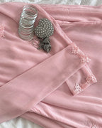 Aurelia Pink long chiffon shirt with intricate lace hem detailing.
