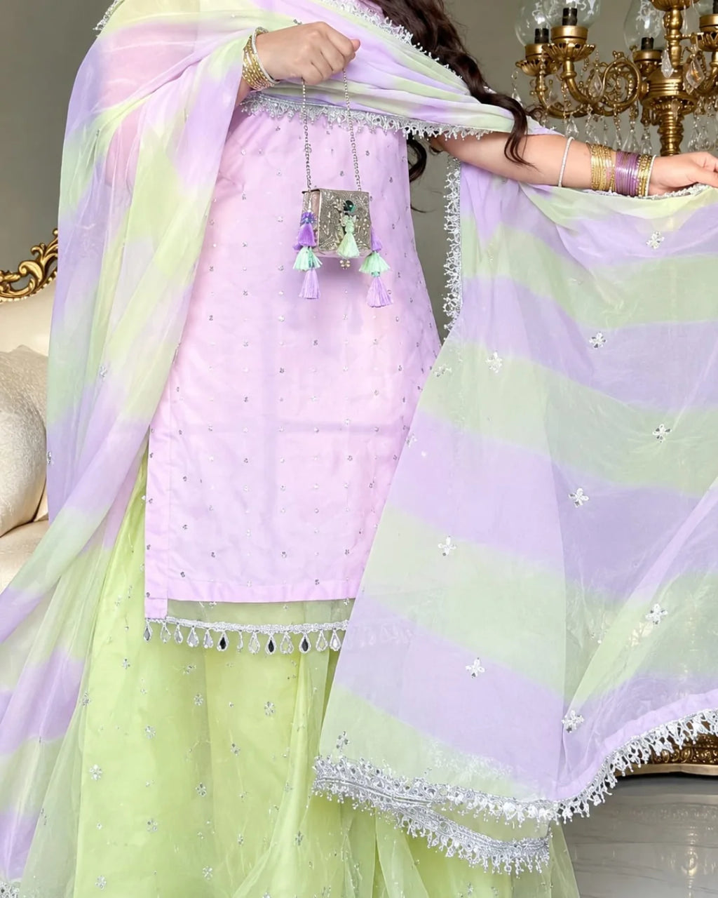  Garden of Grace chiffon dupatta with silver lace border detailing