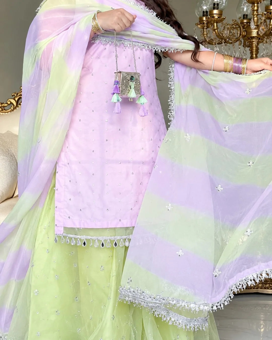  Garden of Grace chiffon dupatta with silver lace border detailing