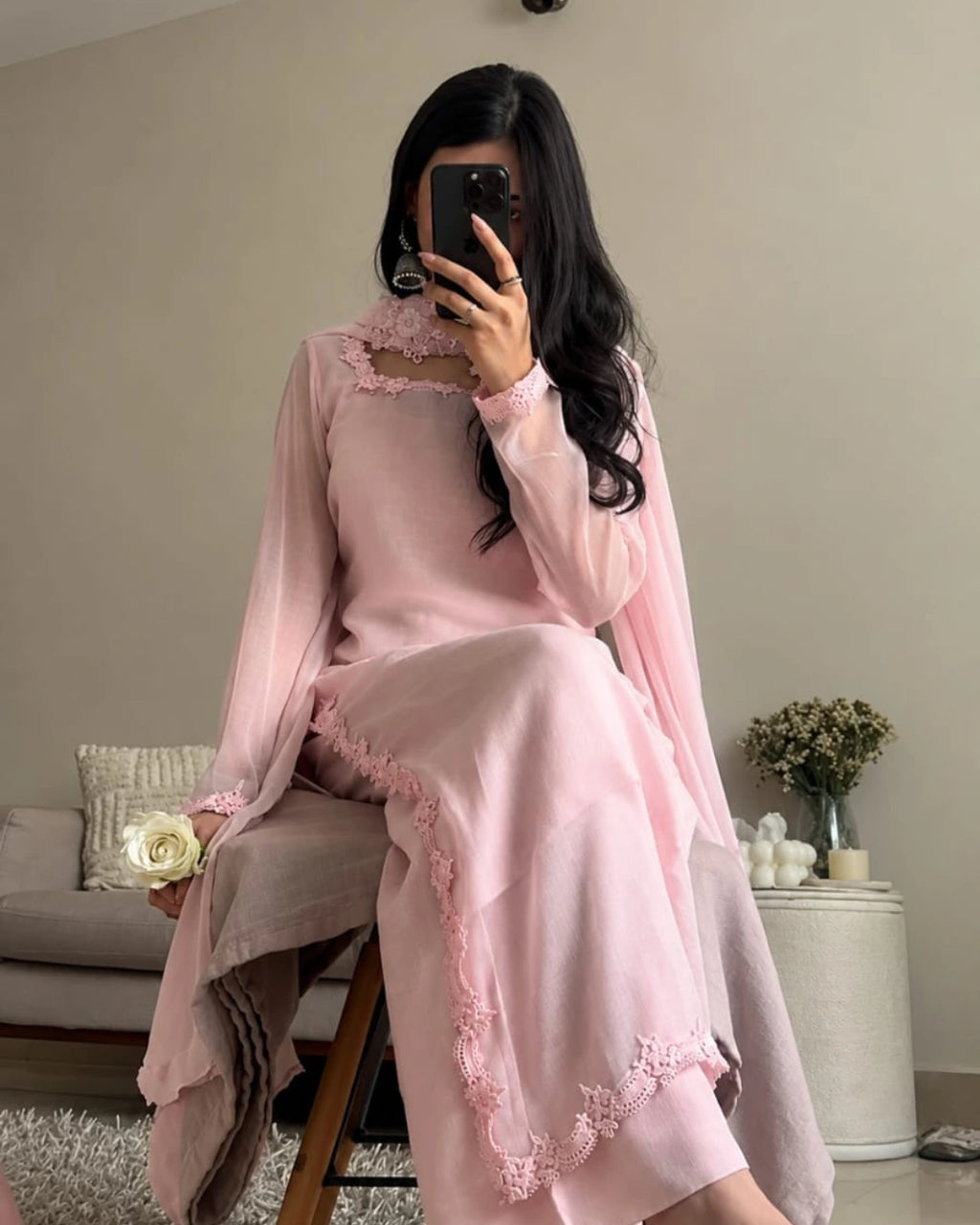 Elegant pink chiffon outfit paired with a matching dupatta.