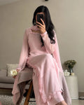 Elegant pink chiffon outfit paired with a matching dupatta.