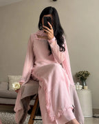 Elegant pink chiffon outfit paired with a matching dupatta.