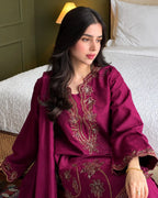 Luxury magenta embroidered Pakistani dress with golden detailing and matching chiffon dupatta.