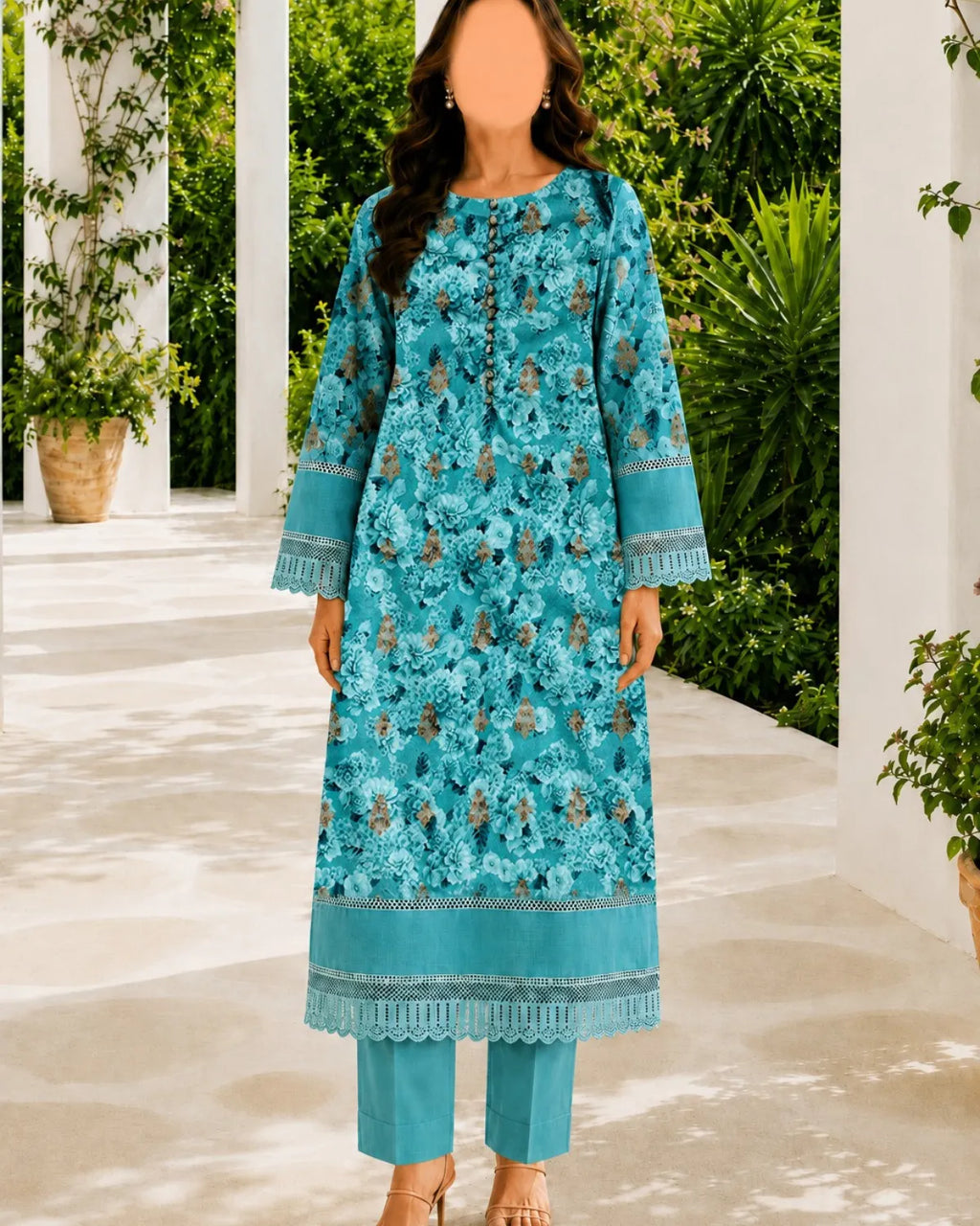 Woman wearing a turquoise embroidered outfit in an outdoor setting