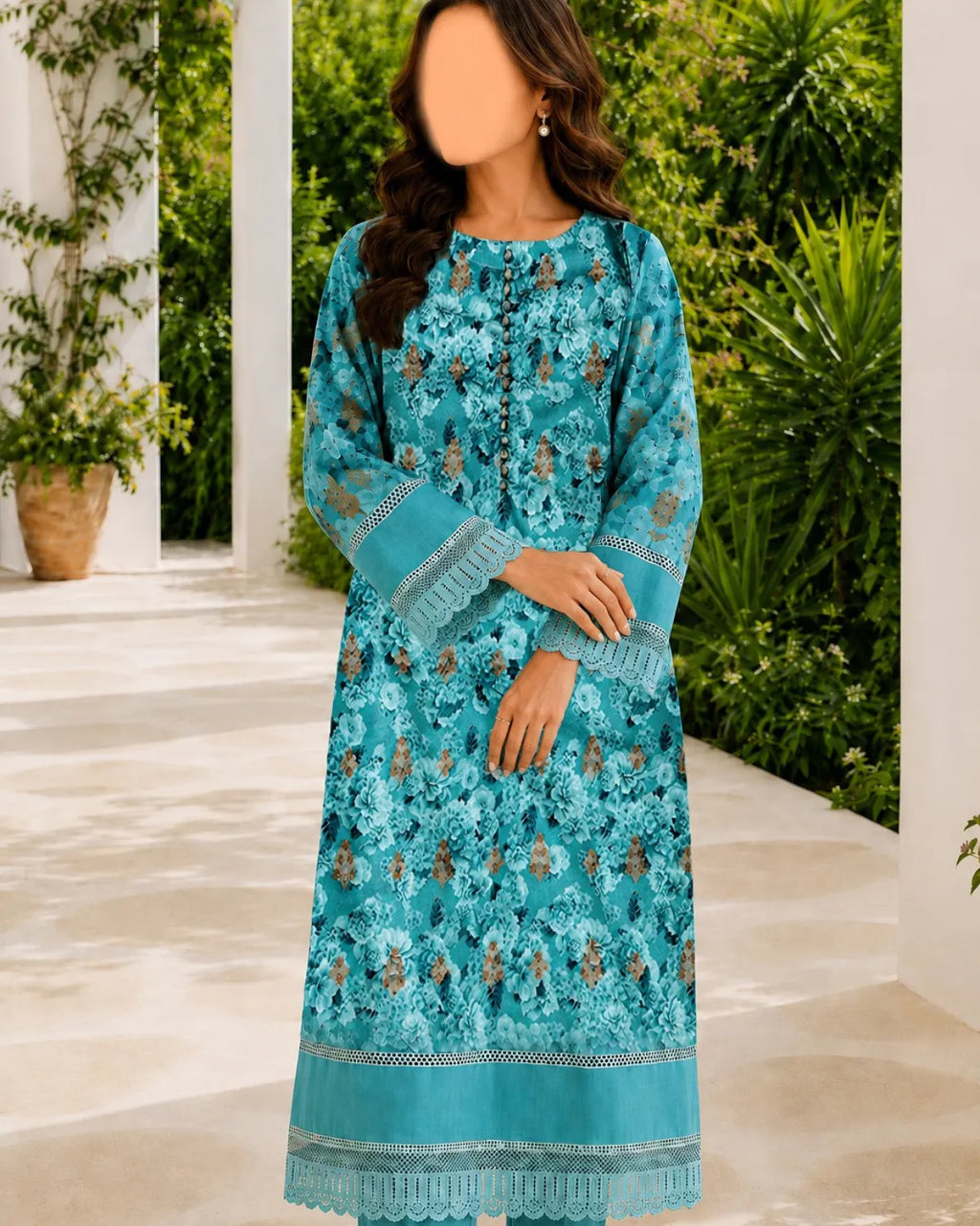 Woman wearing a turquoise embroidered dress standing outdoors.