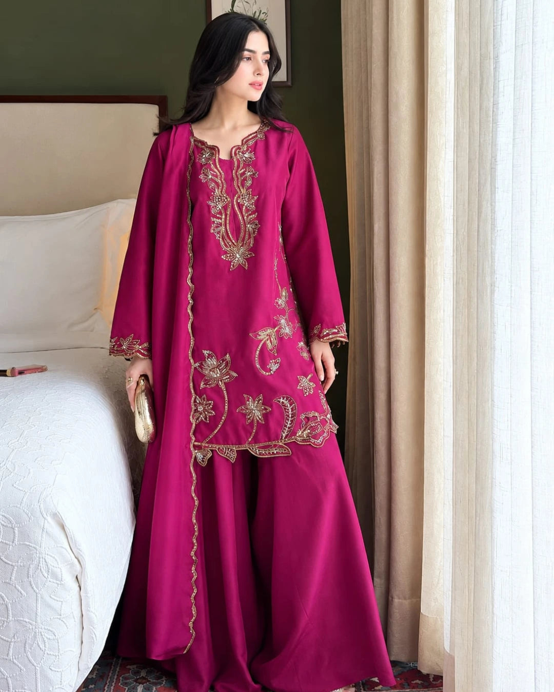 Royal Plum Radiance – elegant golden embroidered Tussil Silk suit for festive occasions.