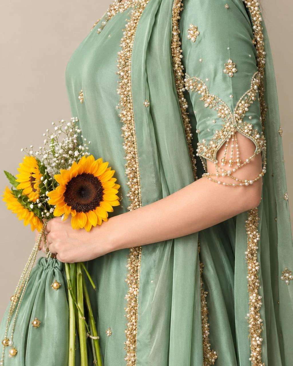 QAM Style luxury ethnic wear showcasing a sage green silk outfit with intricate golden embroidery, ornate borders, and a graceful traditional silhouette.