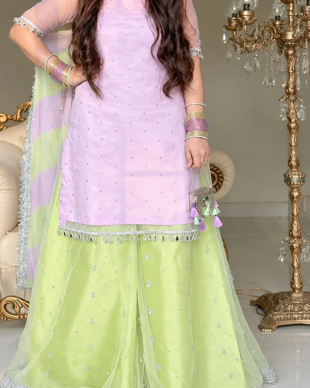 1. Garden of Grace lime green chiffon dupatta with silver lace border