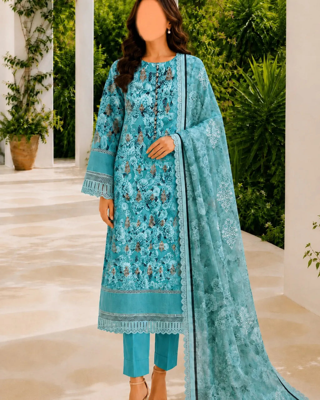 Woman wearing a turquoise embroidered outfit with a matching dupatta in an outdoor setting.