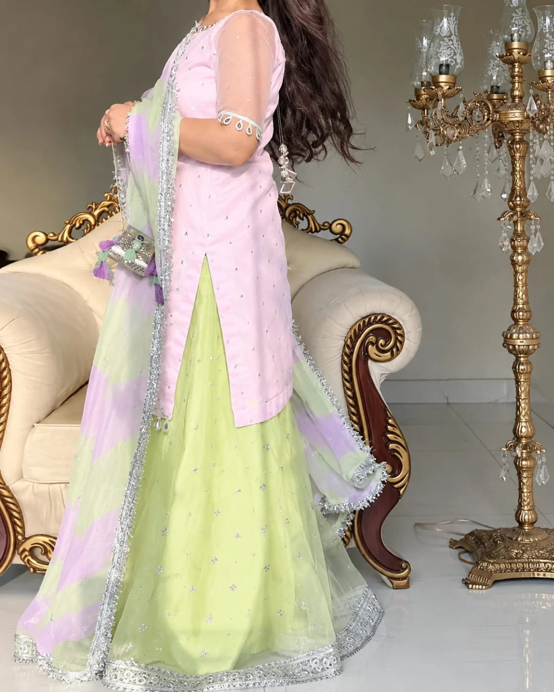 Garden of Grace pastel pink and lime green 3-piece suit front view