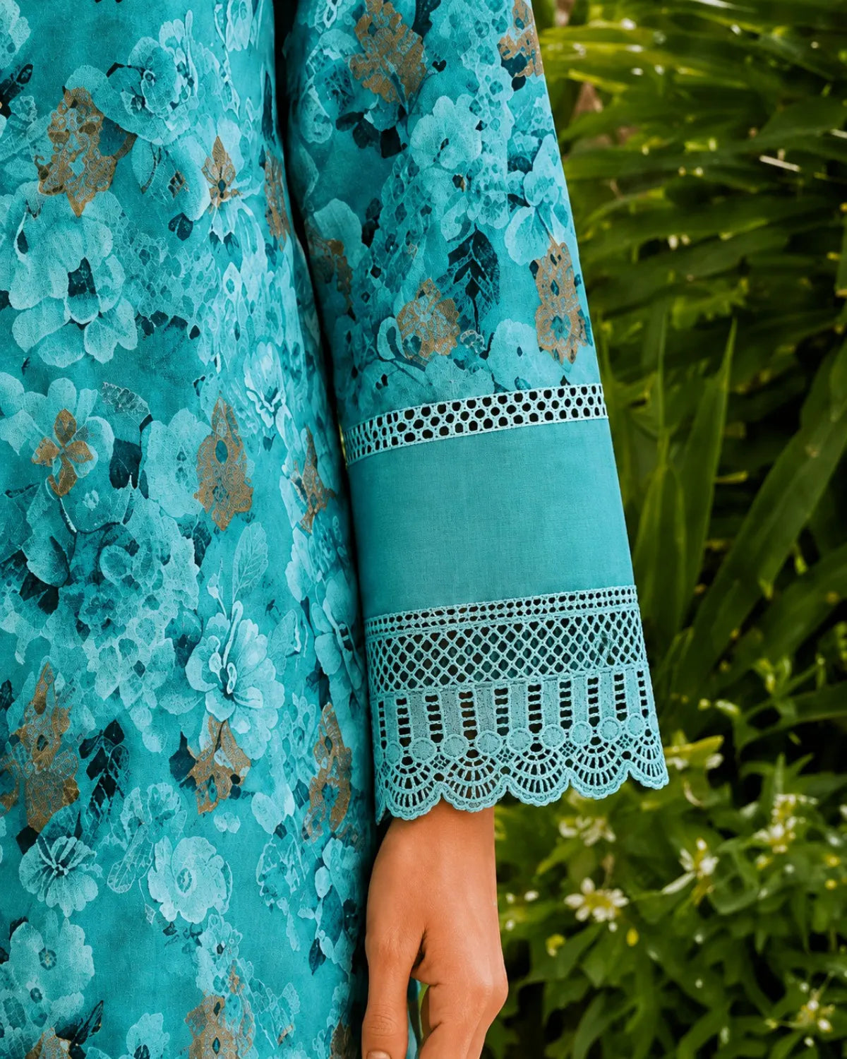 Close-up of a turquoise lace dress with floral patterns against a green leafy background