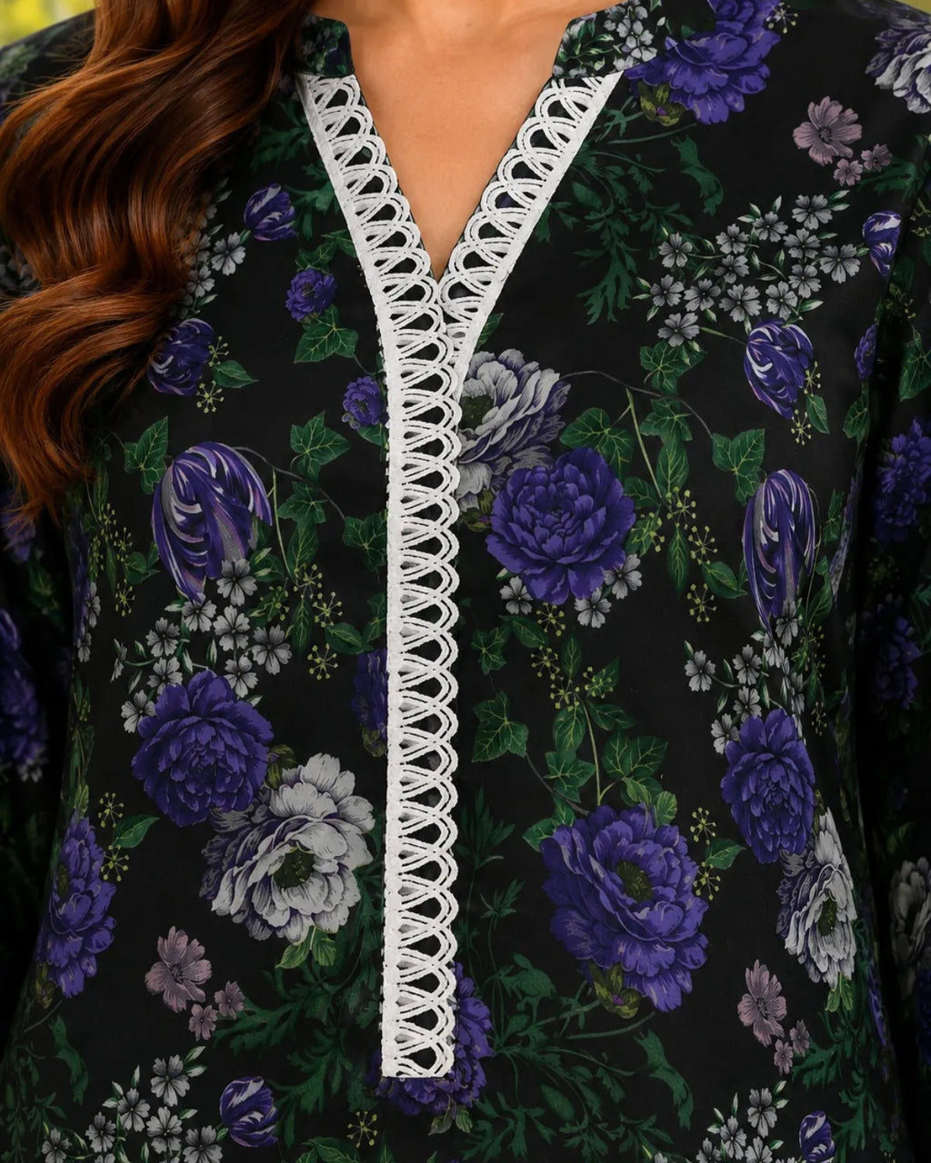 Floral patterned garment with white lace trim on a black background