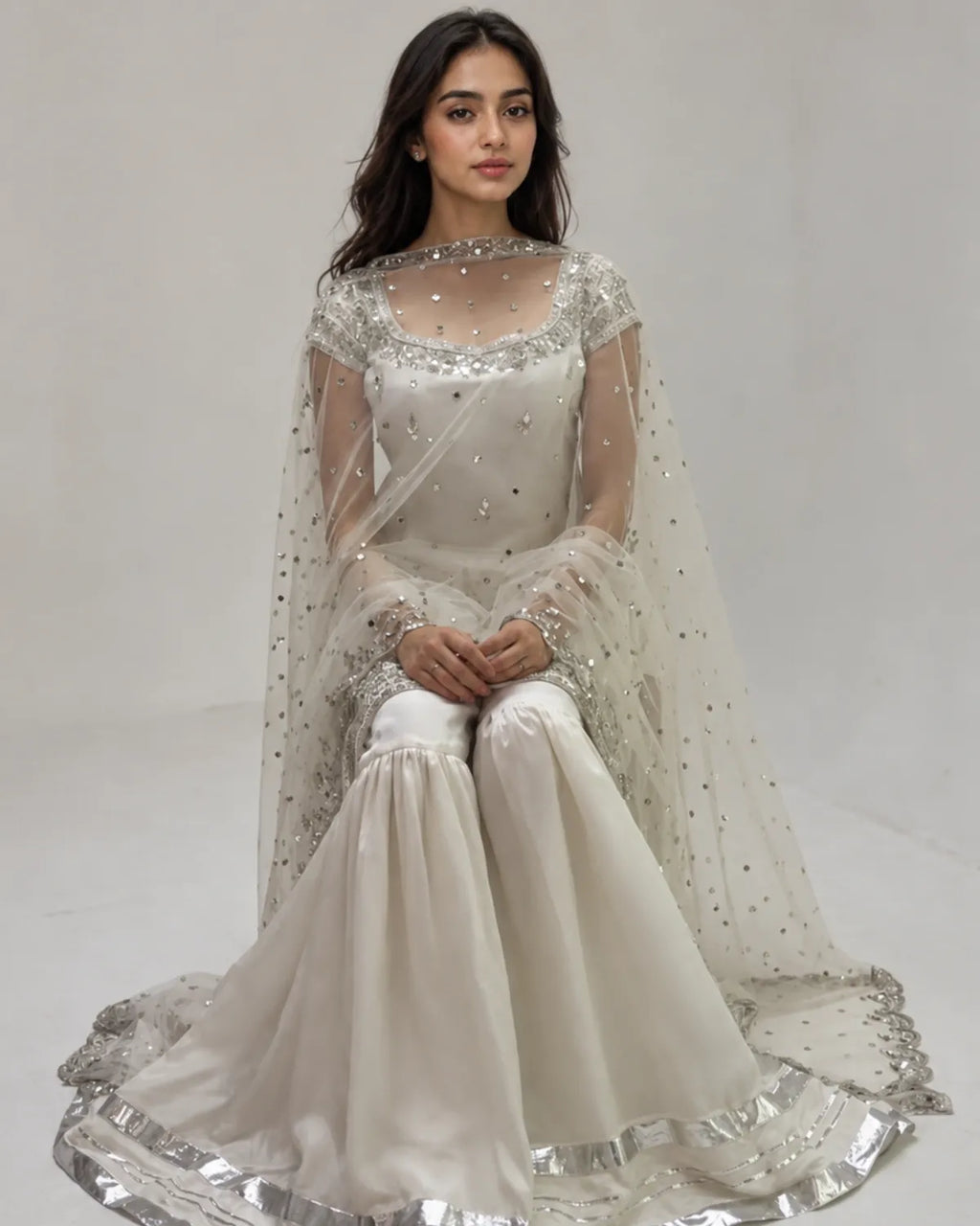 A woman seated in a studio wearing a traditional white and silver embellished outfit with a sheer embroidered cape, white pants, and a long draped train.