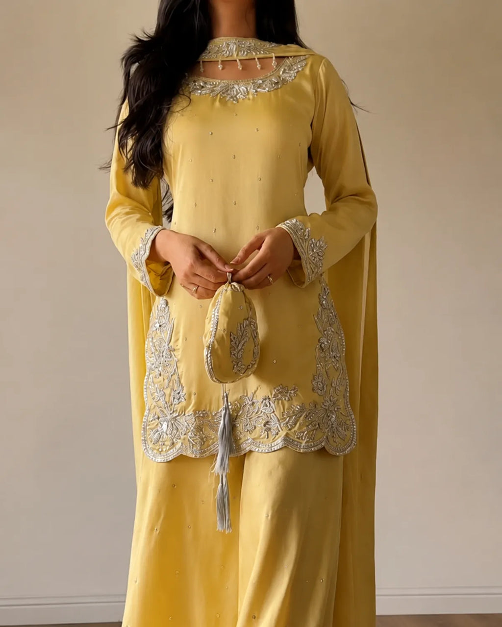 A woman wearing a yellow traditional outfit with silver embroidery, holding a matching embroidered pouch. The image is cropped from the neck down against a plain beige wall.