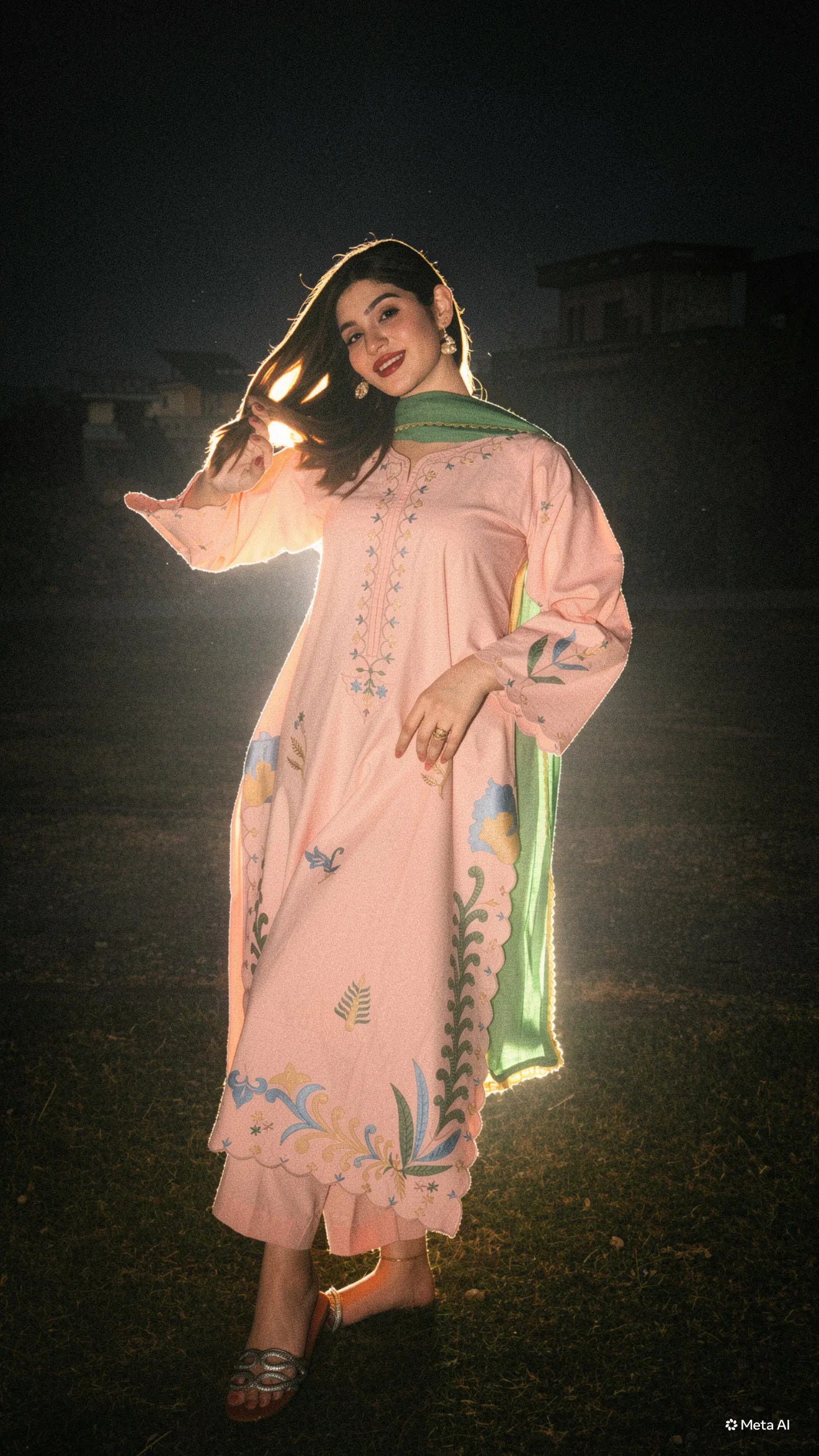 A woman posing outdoors at night wearing a light pink embroidered kurta with a green dupatta.