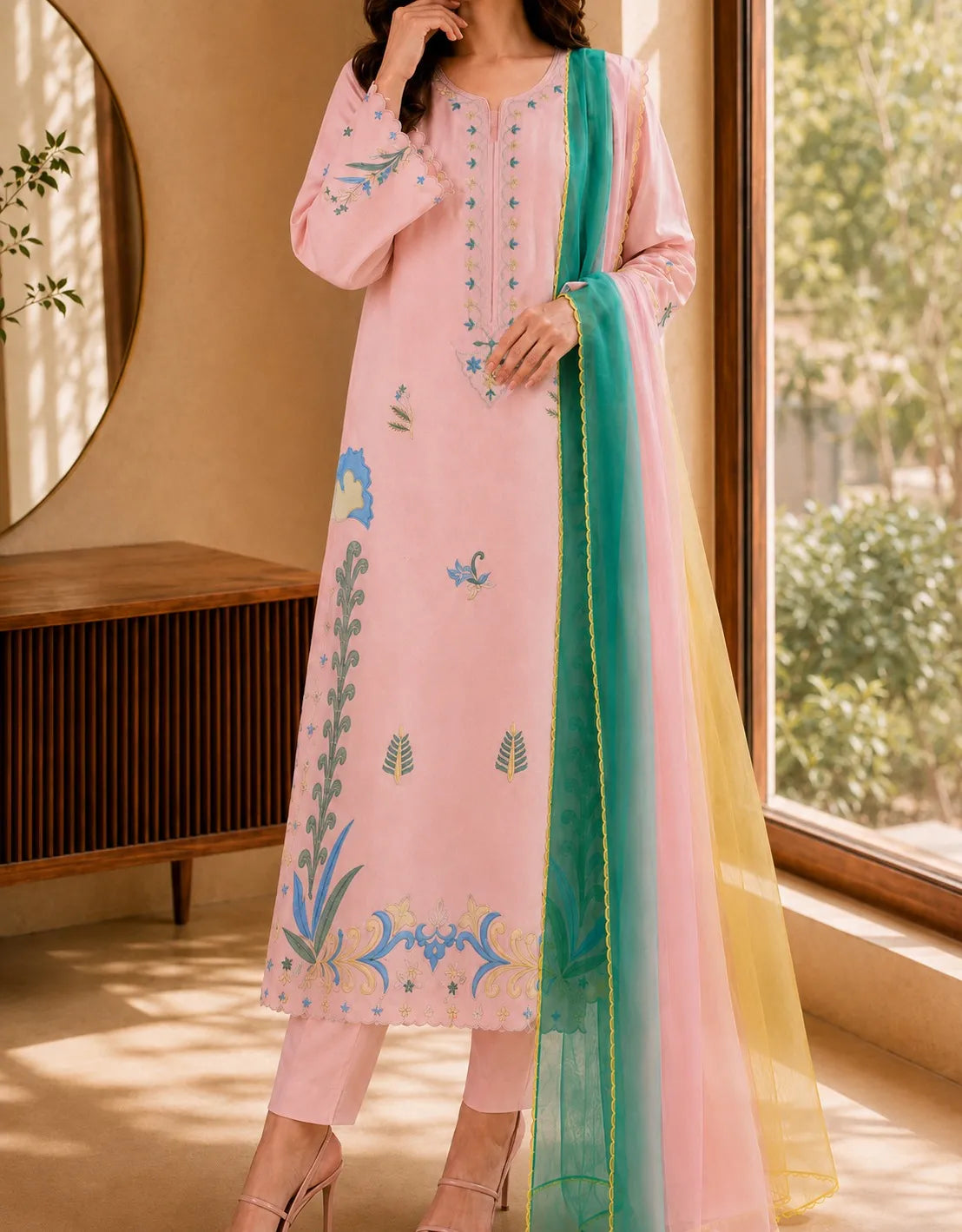 A woman models a light pink embroidered kurta set with matching pants and a sheer multicolor dupatta, standing in a sunlit room near a window.
