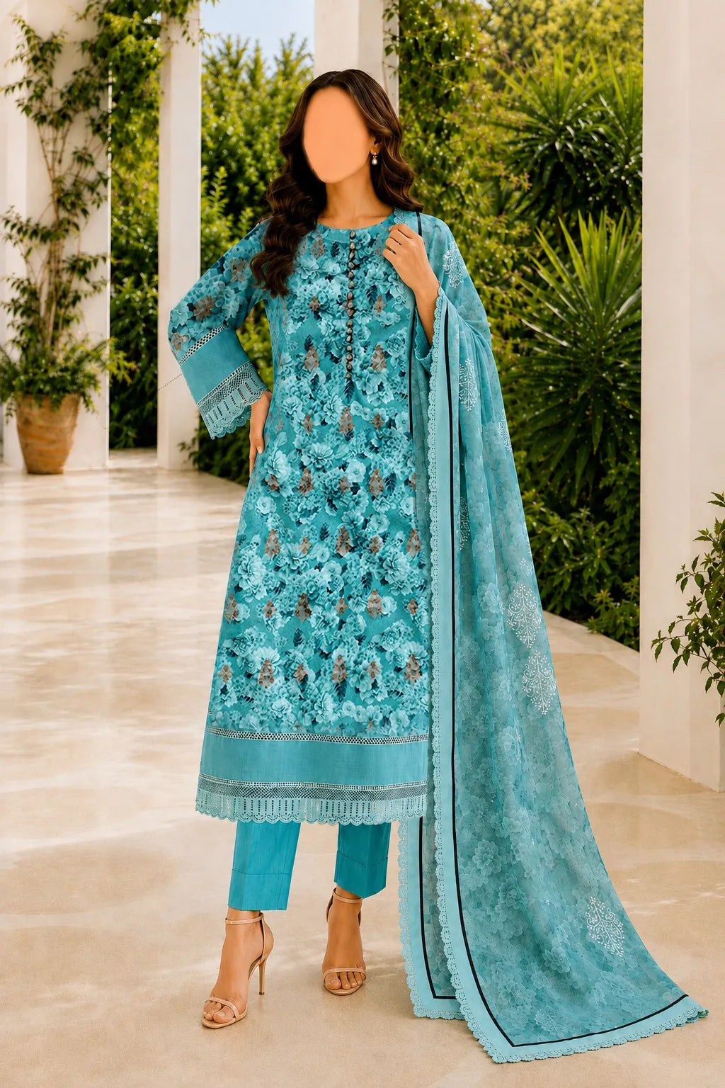 A woman modeling a turquoise blue ethnic three-piece suit with intricate floral embroidery, matching pants, and a long dupatta, set against a background of green plants and white pillars.