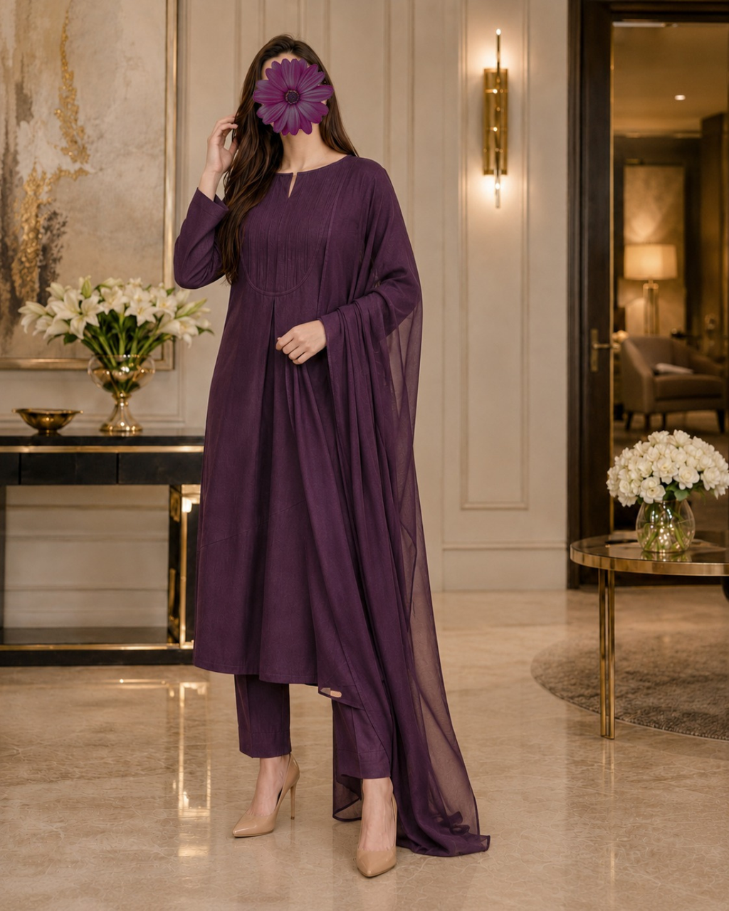A woman models a deep purple traditional outfit consisting of a long-sleeved kurta and matching trousers, styled with a matching purple flower headpiece in an elegant indoor setting.