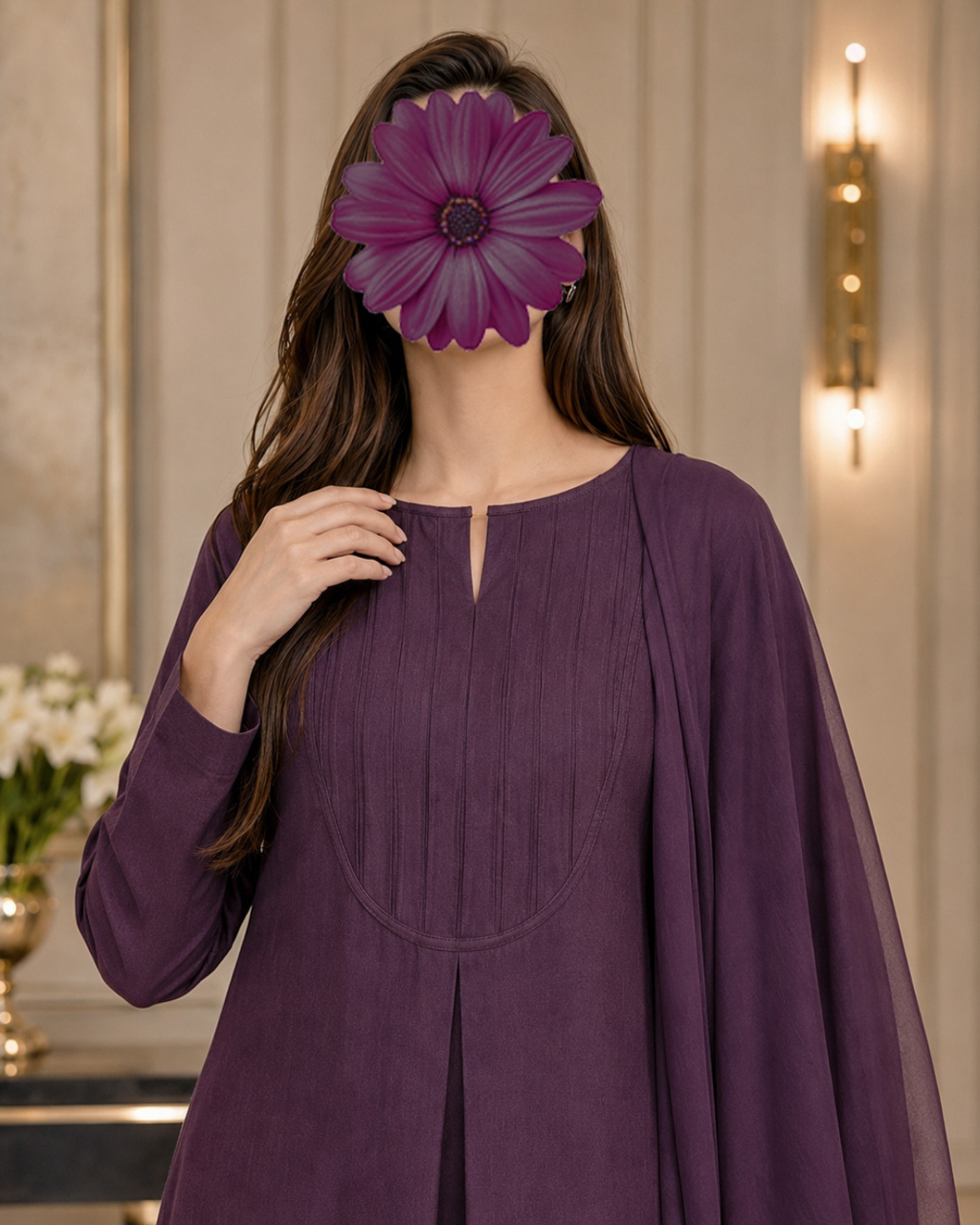 A woman wearing a long-sleeved purple tunic dress with a split neckline and draped cape sleeves, standing in an indoor setting with a large purple flower covering her face.