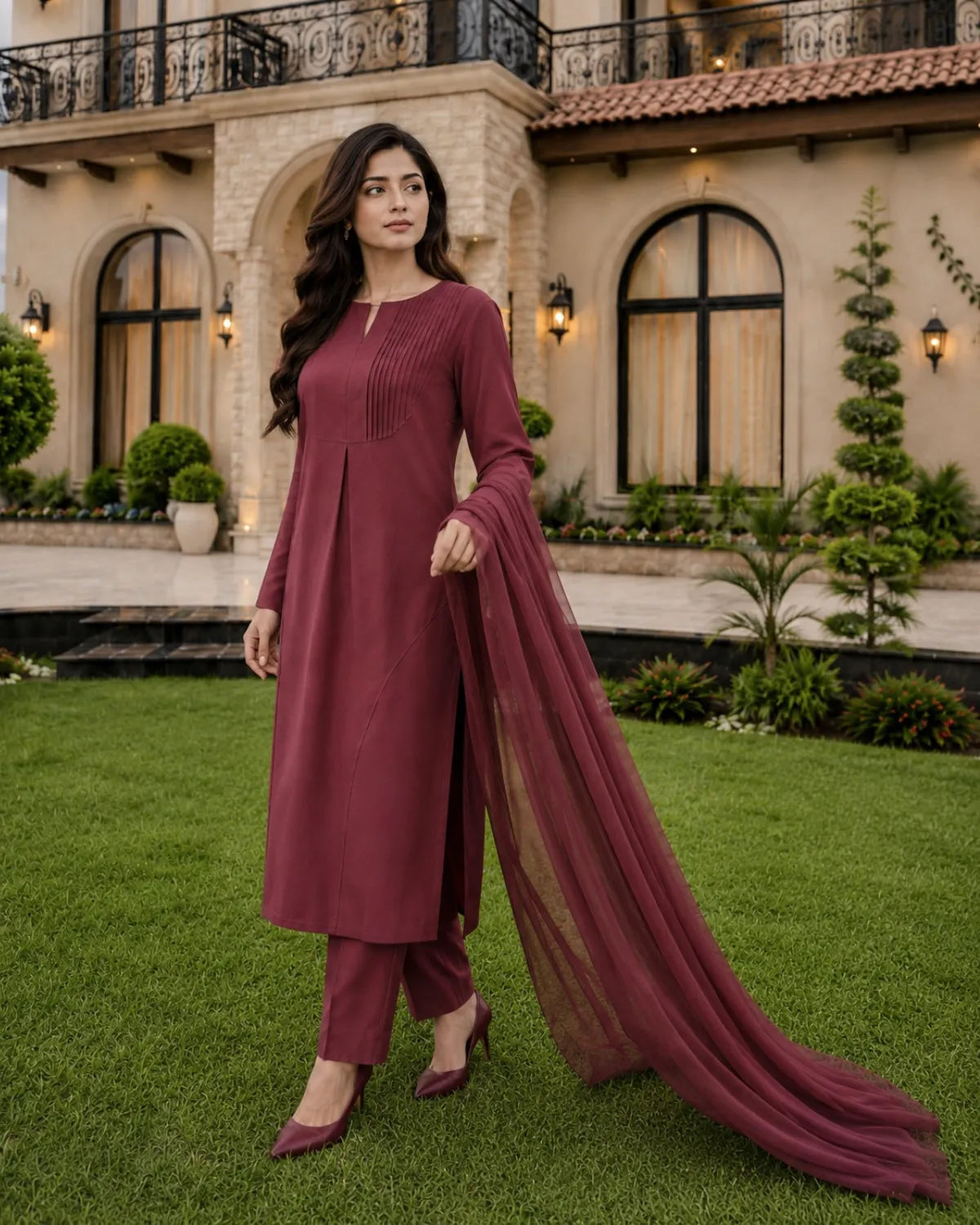 A woman modeling a three-piece maroon salwar kameez suit with a matching dupatta, standing on a green lawn in front of a grand stone villa.