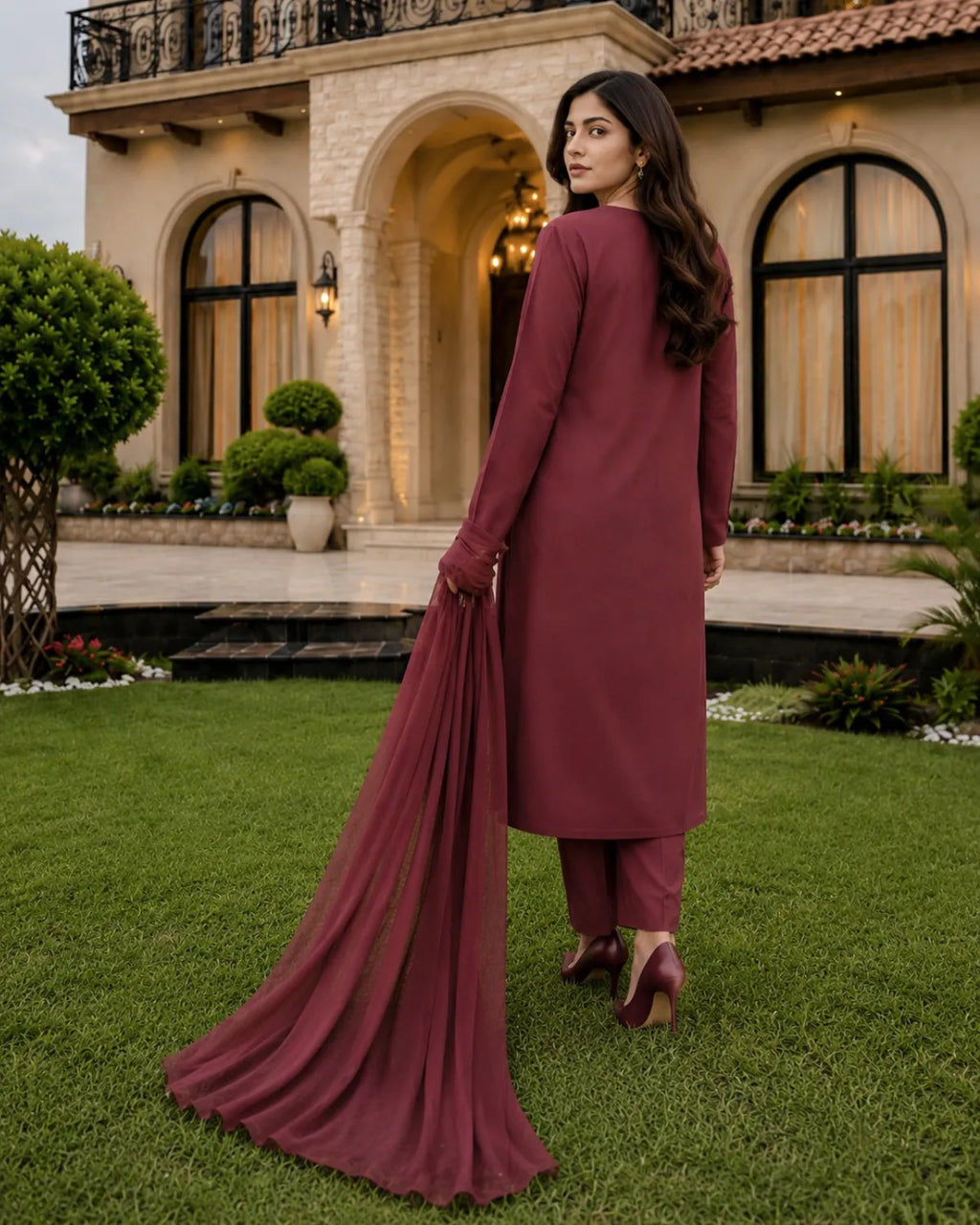A woman stands on a green lawn in front of a large stone villa, wearing a long-sleeved maroon kurta and matching trousers with a flowing dupatta.