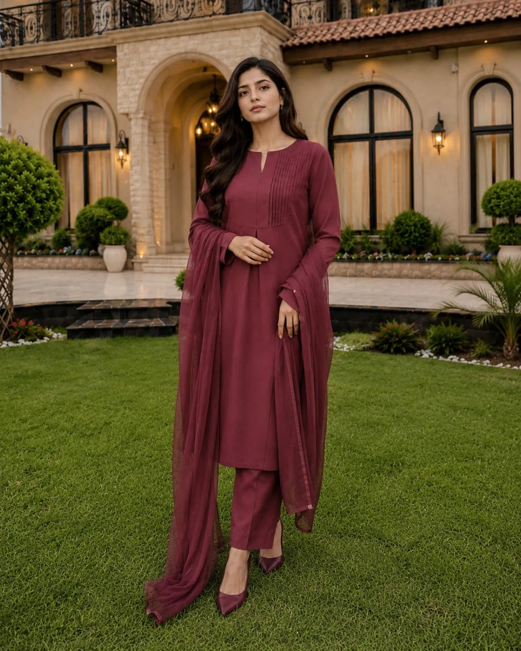 A woman stands on a green lawn in front of a large villa, wearing a long-sleeved maroon kurta with matching trousers and a draped dupatta.