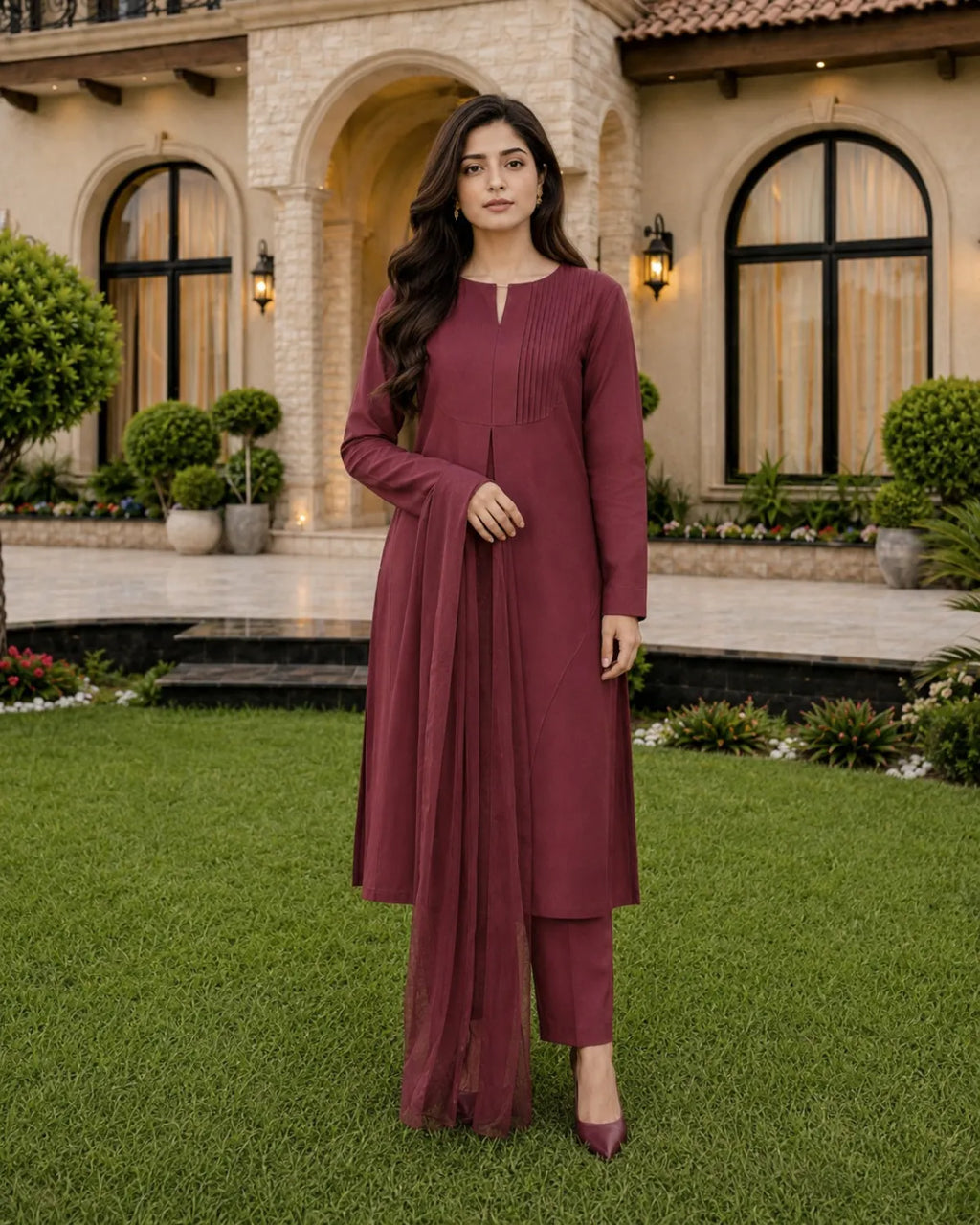 A woman stands on a green lawn in front of a large stone villa, wearing a long-sleeve maroon kurta with matching pants and pointed shoes.
