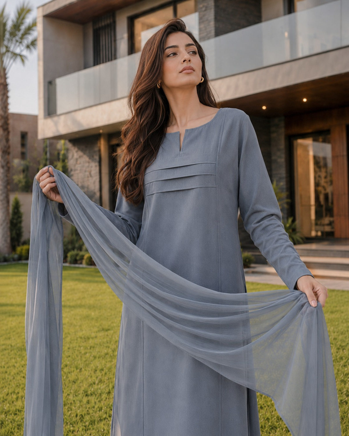 A woman wearing a long-sleeve dusty blue-gray tunic dress with a matching sheer dupatta, standing on a green lawn in front of a modern house.