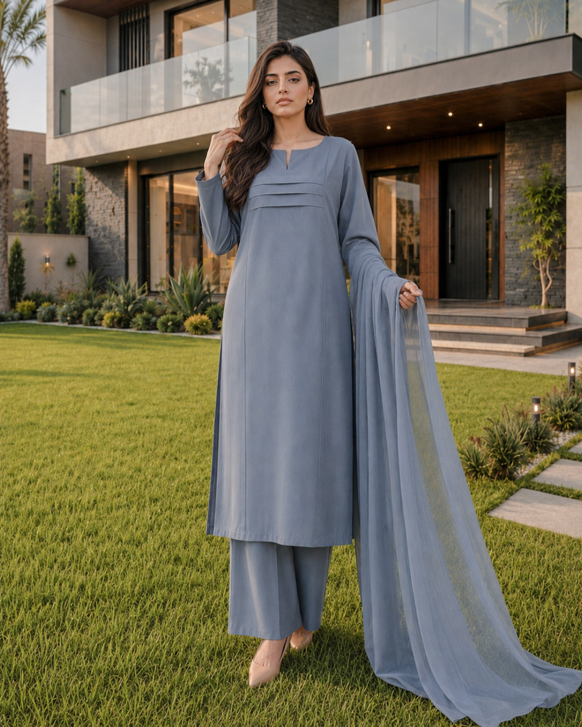 A woman stands on a green lawn in front of a modern house, wearing a light blue traditional outfit with a matching draped scarf.