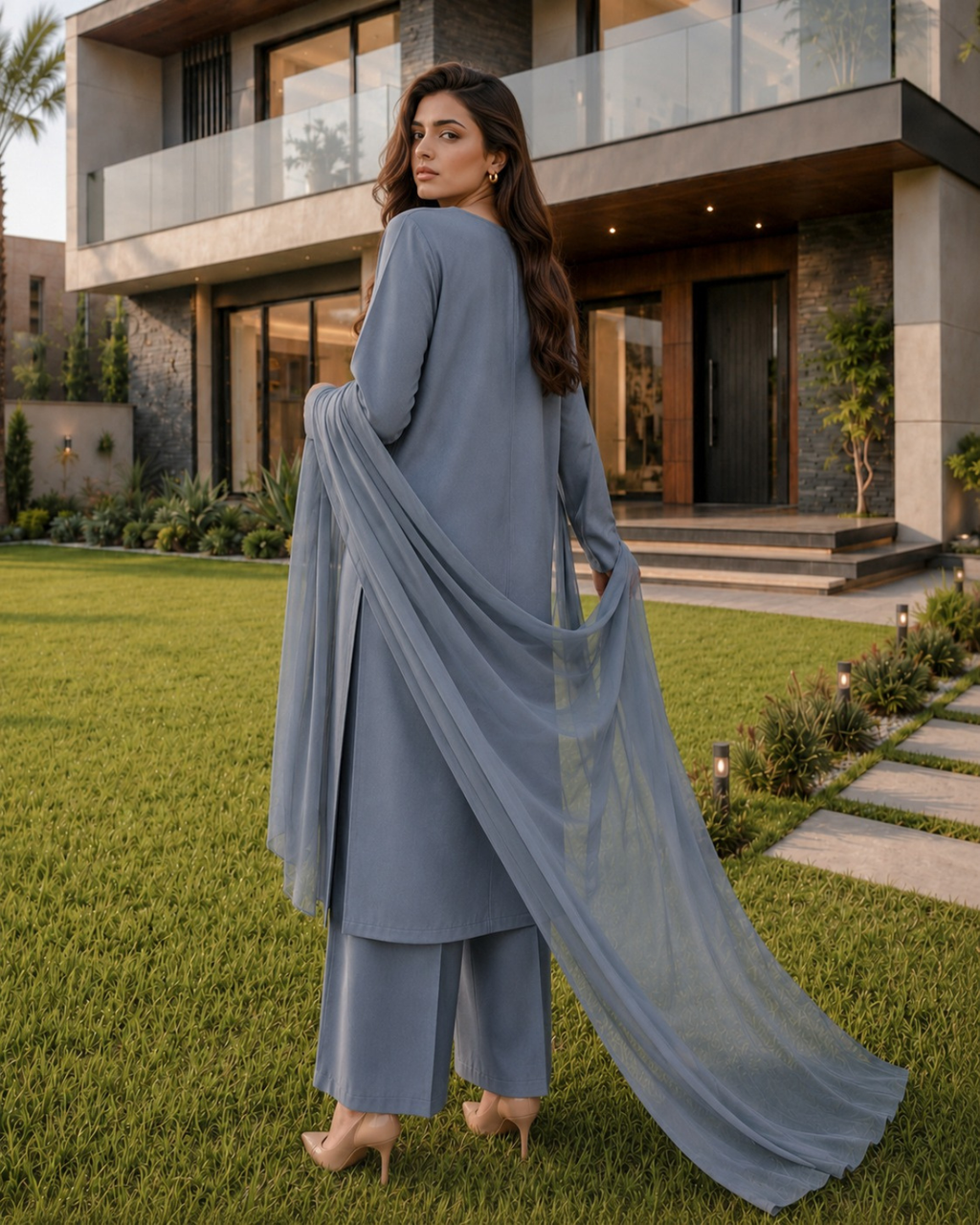 A woman stands on a green lawn in front of a modern house, wearing a light blue three-piece traditional outfit with a long draped dupatta and matching pants.