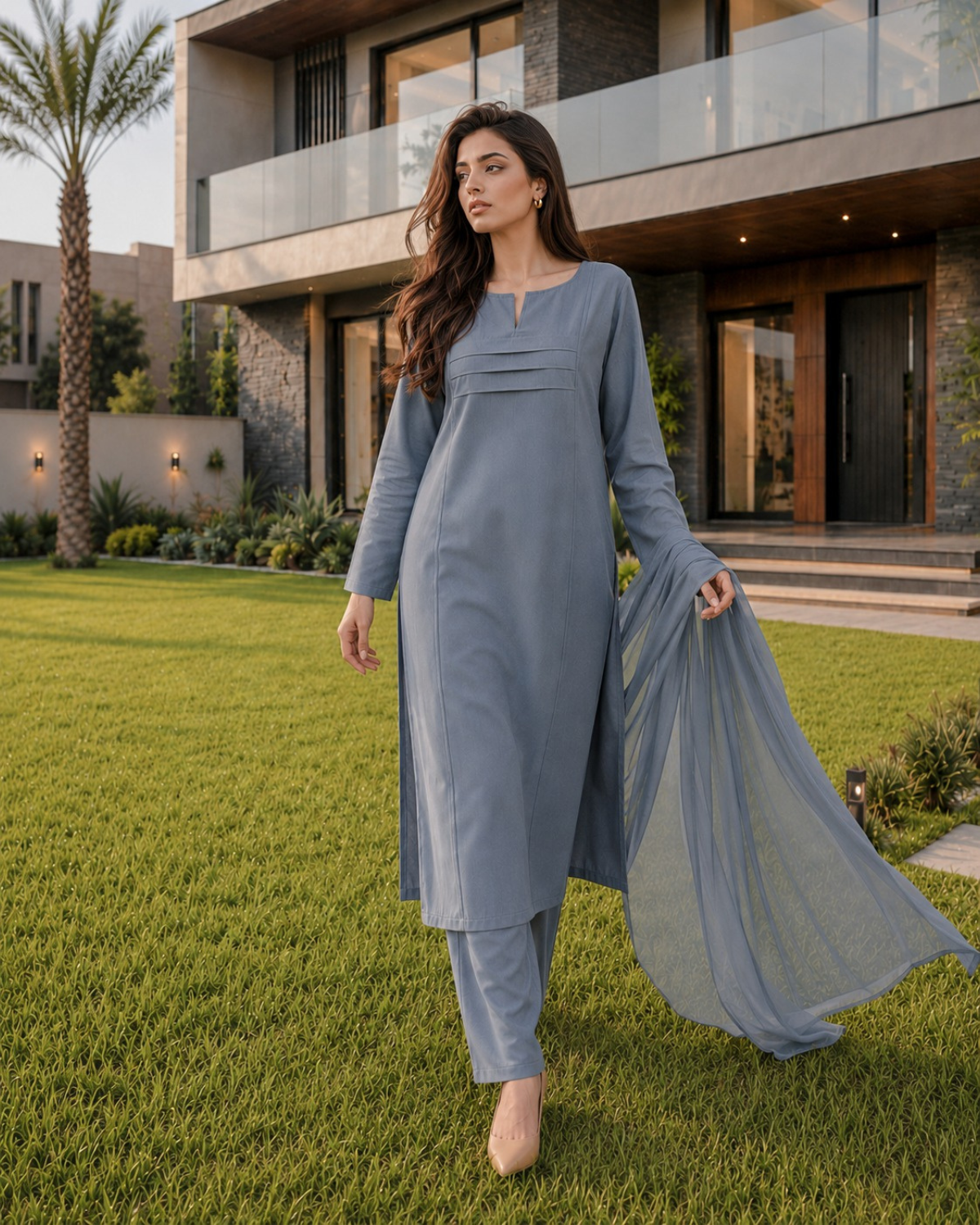 A woman wearing a dusty blue-gray three-piece kurta set stands on a green lawn in front of a modern house. The set includes a long-sleeve tunic with a split neckline, matching pants, and a flowing dupatta.