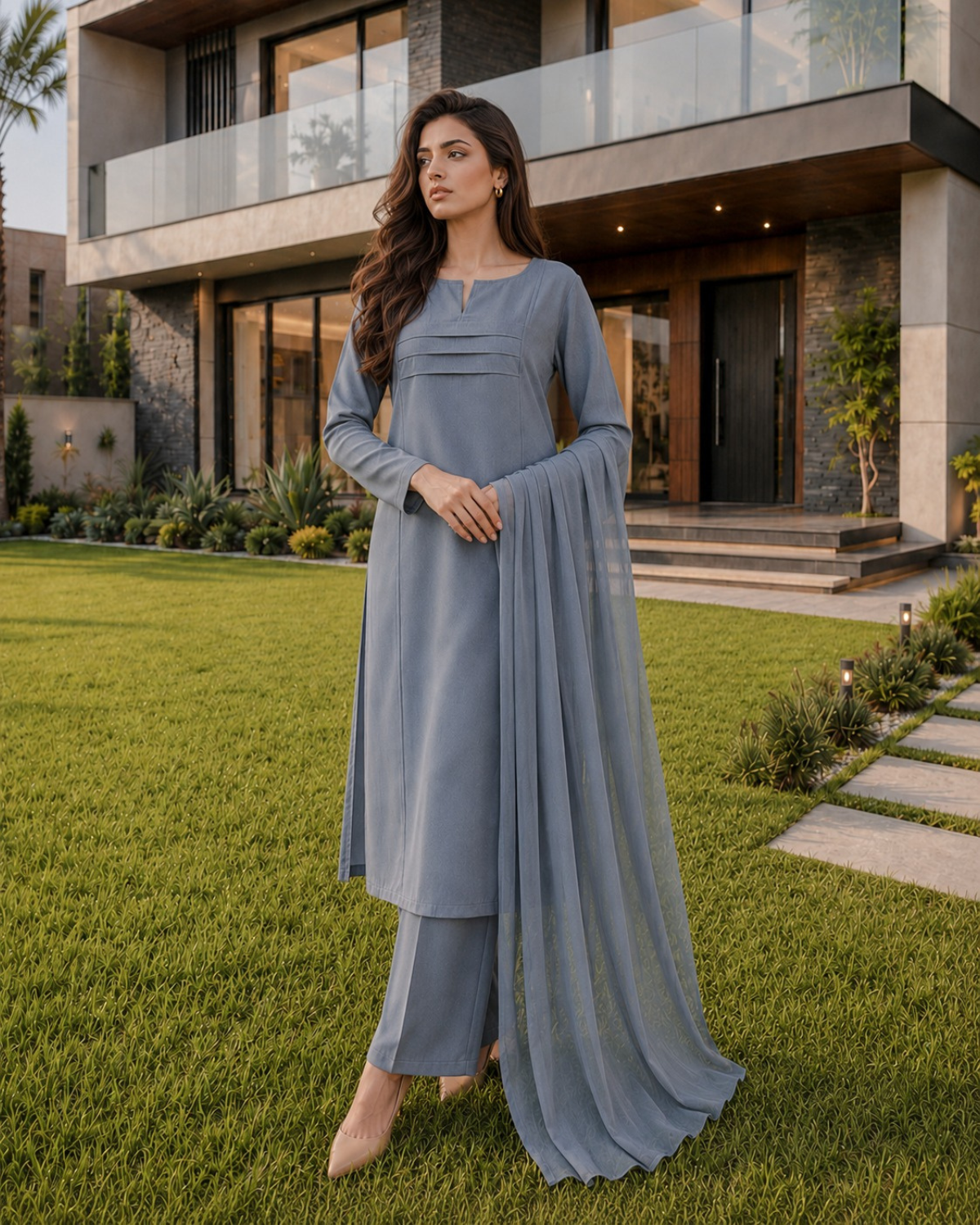 A woman stands on a green lawn in front of a modern house, wearing a light blue-gray traditional outfit with a long draped scarf.