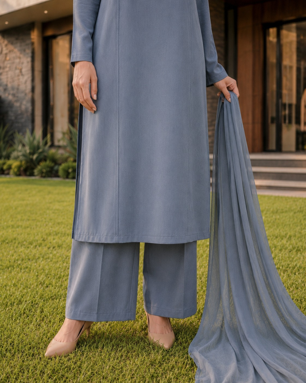 A person outdoors on a lawn wearing a long-sleeve dusty blue traditional outfit with matching wide-leg pants and holding a sheer matching dupatta.