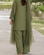 Person wearing an olive green traditional outfit with a long sheer dupatta in an outdoor setting.